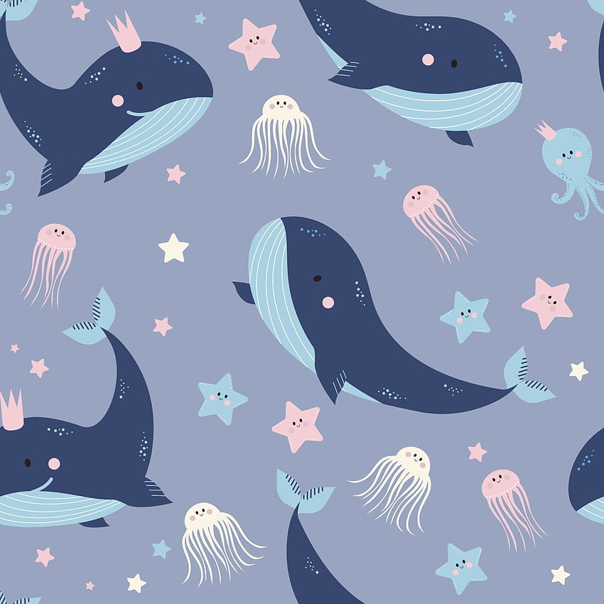 Patrones sin fisuras con animales marinos. Lindas ballenas azules, medusas y estrellas de mar sobre violeta claro. Vector. Para diseño, decoración, impresión, textiles, embalaje y 2182418 Arte vectorial en Vecteezy, Ballena de dibujos animados fondo de pantalla del teléfono