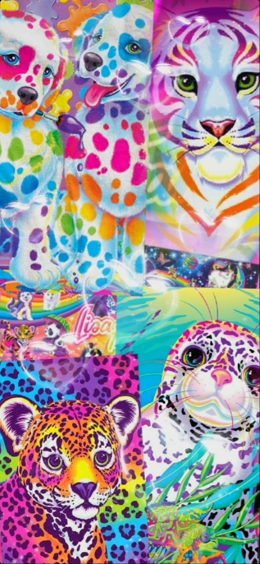 Lisa Frank Collage, acqua, arcobaleno, leopardo, rosa, dalmata, LisaFrank, sott'acqua, bolle, tigre Sfondo del telefono HD