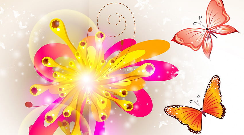Kupu-kupu Bersinar, cerah, oranye, kupu-kupu, merah muda, kupu-kupu, bunga, cerah, kuning, bersinar, bahagia Wallpaper HD