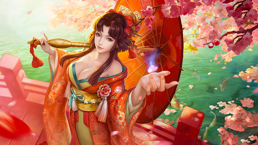 Pretty Geisha, kimono, art, , parasol, geisha, girl, woman, digital, pretty, fantasy HD wallpaper