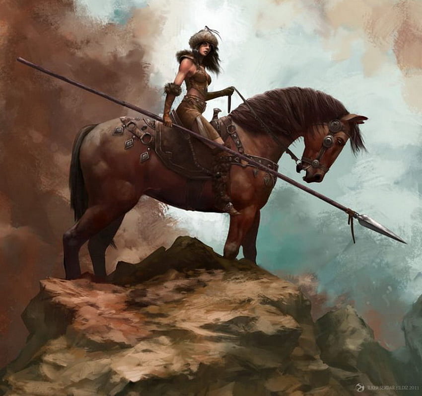 Wojownik, koń, lanca, abstrakt, fantazja, dziewczyna, góra Tapeta HD
