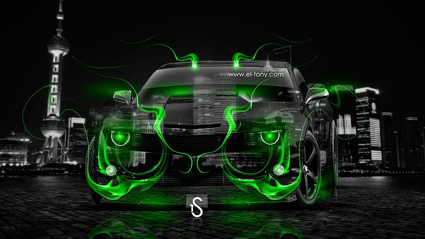 Chevrolet Camaro Muscle Crystal Green Fire Neon Car 2014 Design By HD wallpaper