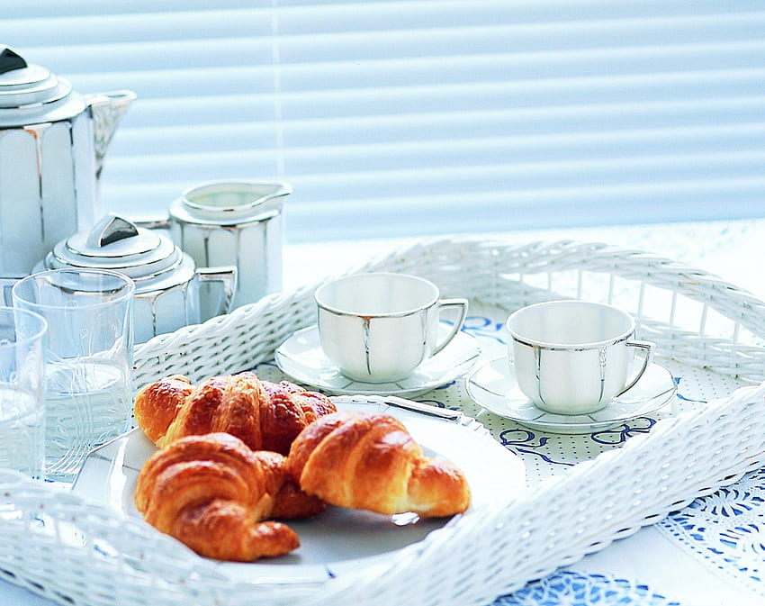 *** I invite you to breakfast ...***, cups, coffee, jug, croissants HD wallpaper