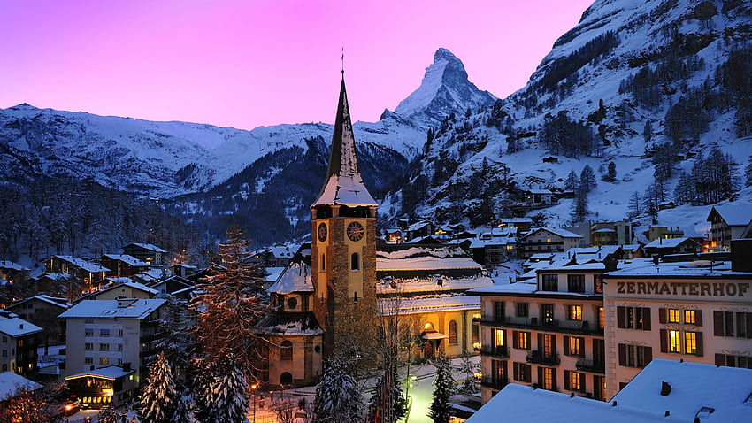 Svizzera, Zermatt, Alpi svizzere, montagne, neve, case, notte, luci U , , Alpi svizzere Sfondo HD