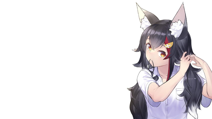 Hololive Ookami Mio red eyes animal ears black hair white background Wallpaper HD