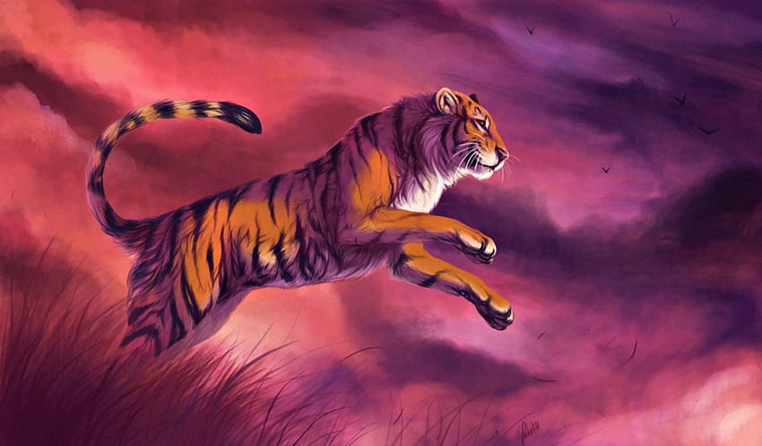Leap into dawn, animal, purple, pink, tiger, fantasy, lhuin, orange HD wallpaper
