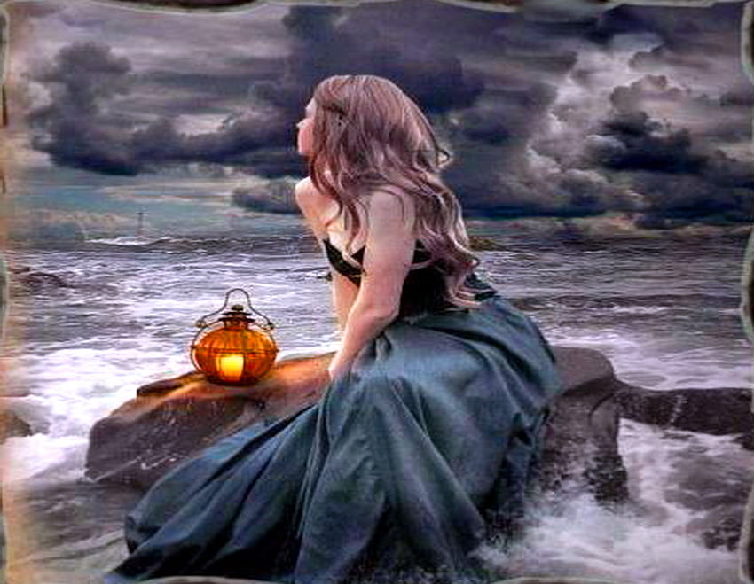 Longing, black dress, waves, waiting, lantern, woman, ocean, grey sky HD wallpaper