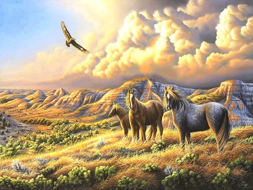 Under Wild Skies, attractions dans les rêves, peintures, Dakota du Nord, été, amour quatre saisons, chevaux, vie sauvage, animaux, champs, nuages, nature, ciel Fond d'écran HD