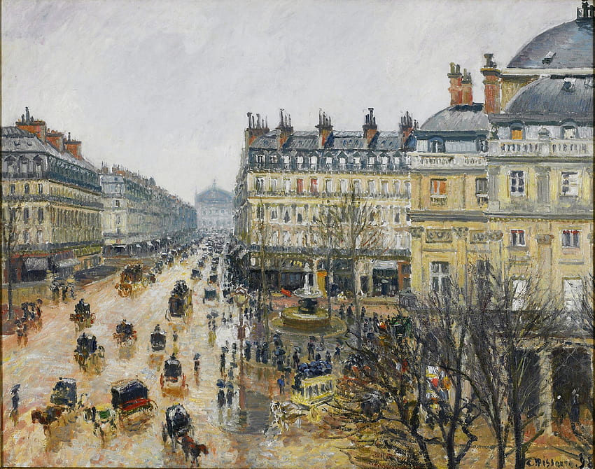 フランス劇場の広場、カミーユ・ピサロ。 雨、絵画、フランス、パリ、町の広場。 モカ、雨のパリ 高画質の壁紙