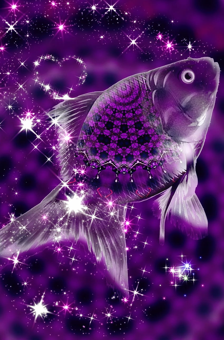 Fish on Purple Bkgrnd, art, sparkles, kaleidoscope, mandala, In, water, creative, transparent HD phone wallpaper