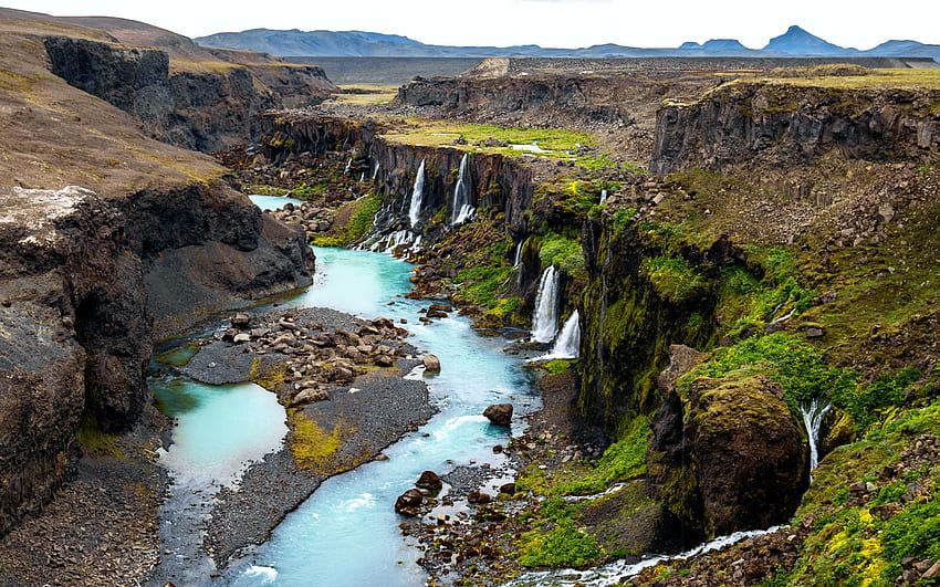 Sigoldugljufur Canyon, Iceland, waterfall, landscape, river, rocks HD wallpaper