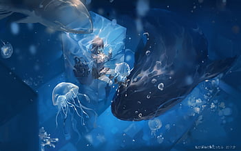 Download wallpaper 840x1160 bubble, underwater, cute, anime girl