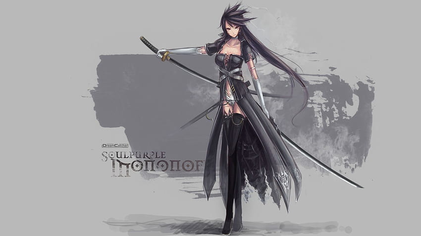 Katana Rambut Panjang Senjata Tertinggi Paha Karya Seni Gadis Anime Pedang Rambut Hitam