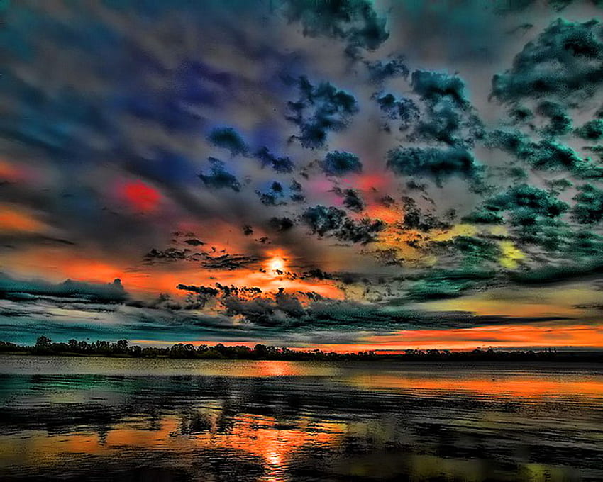 Dominio de la naturaleza, azul, gris, nubes, cielo, naranja, oro, atardecer, tarde fondo de pantalla