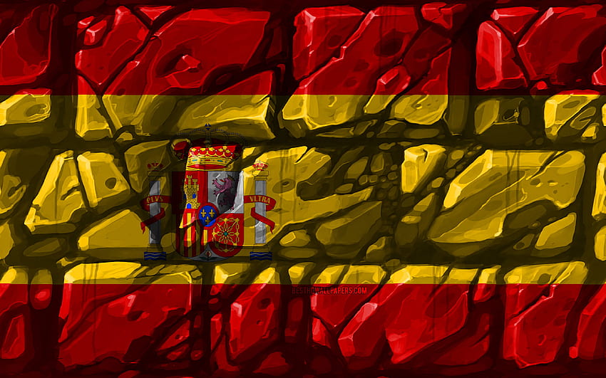 スペイン国旗、ブリックウォール、ヨーロッパ諸国、スペイン国旗 高画質の壁紙