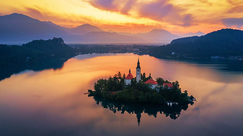 Lake Bled at Sunset, island, colors, sky, church, water, mountains, Slovenia, reflections HD wallpaper
