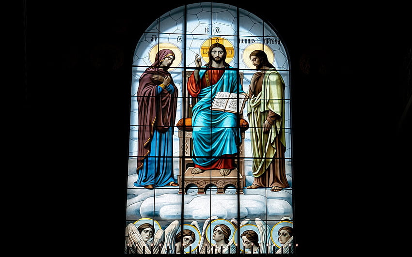 Jesus on Throne , Mary, John Baptiste, window, Jesus, church, Russia, angels HD wallpaper
