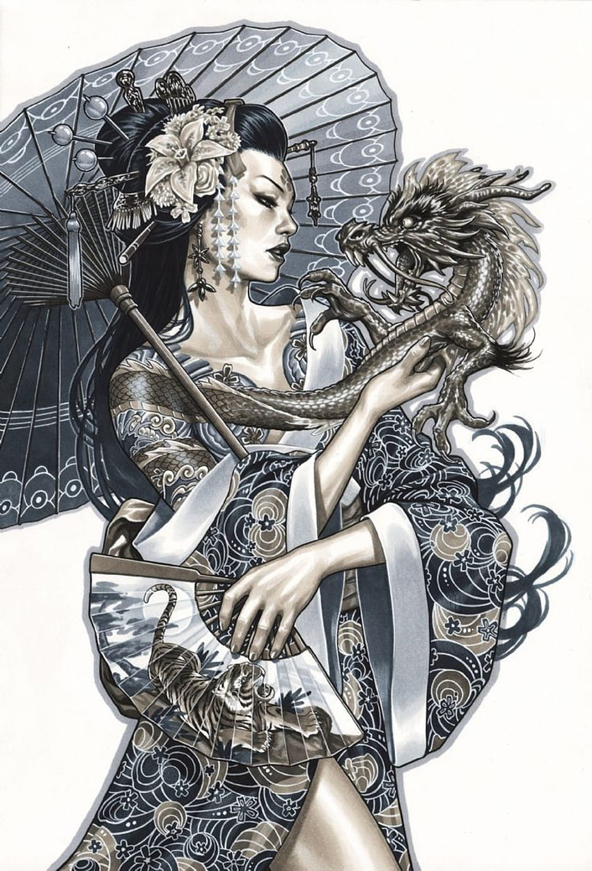 най-добрите рисунки на татуировка на гейша на дракон. Гейша, японска татуировка на гейша HD тапет за телефон