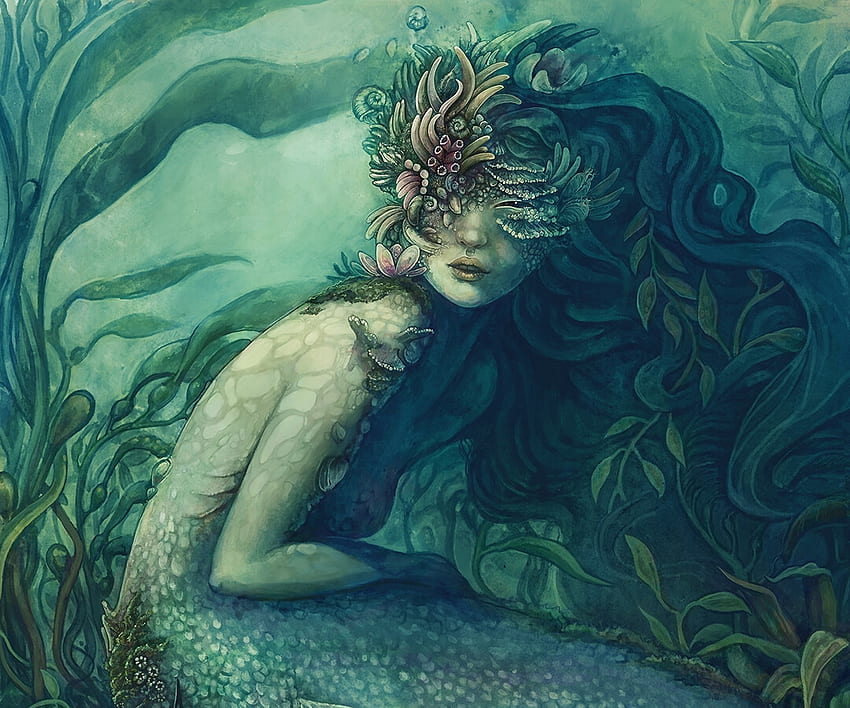 Meerjungfrau, Kunst, Mädchen, Sylvia Strijk, Sommer, Fantasie, Grün, Wasser, Sirene, Vara HD-Hintergrundbild