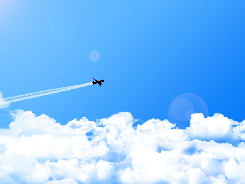 Above The Clouds, blue, rays, white, sun rays, abstract, light, airplane, plane, sky, sun HD wallpaper