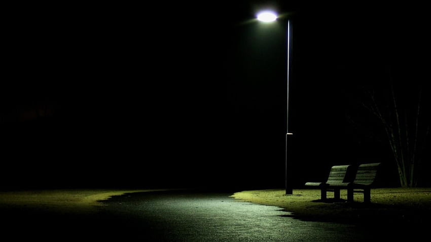 Lonely park bench street lights nighttime HD wallpaper