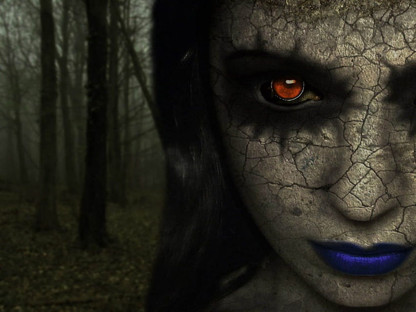 어두운 여자 w 파란 입술. 무서운 , 무서운 눈, 공포, 공포 여자 HD 월페이퍼