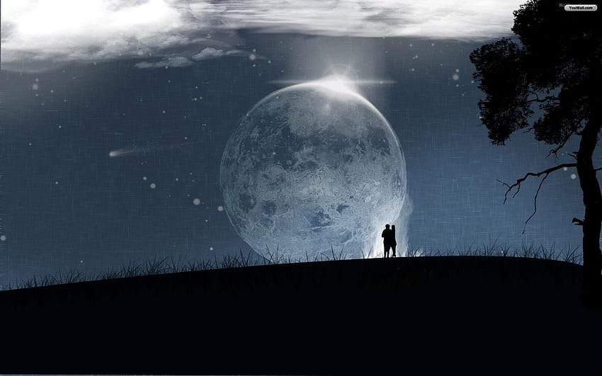 : love moon , under, night, Moon Romance HD wallpaper