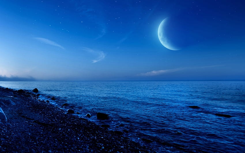moon over gravel beach, sea, moon, gravel, stars, evening, beach HD wallpaper