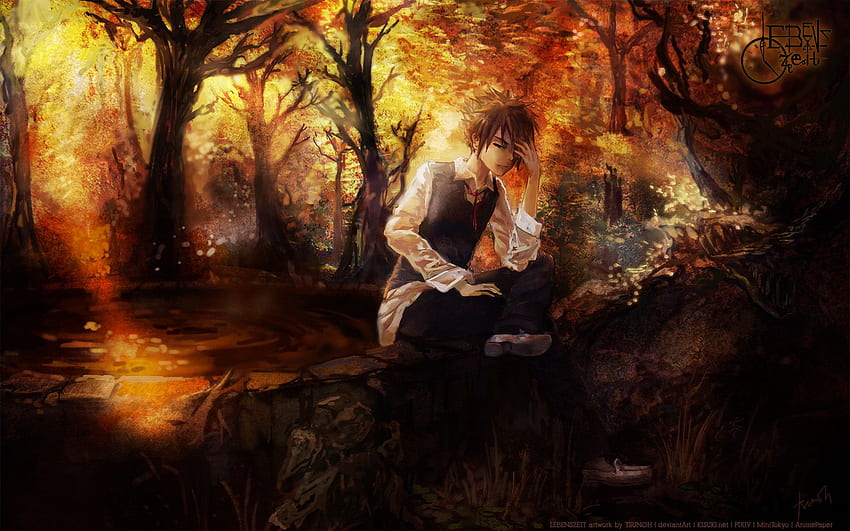 Girl in a forest during fall season Anime manga cartoon digital painting  of autumn season A girl wandering in a beautiful scenery Orange trees  dead leaves flying Nature park outdoor landscape Stock