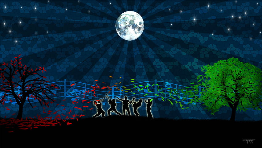Music Vector, notes, music, dance, moon, trees, vector, sky HD wallpaper