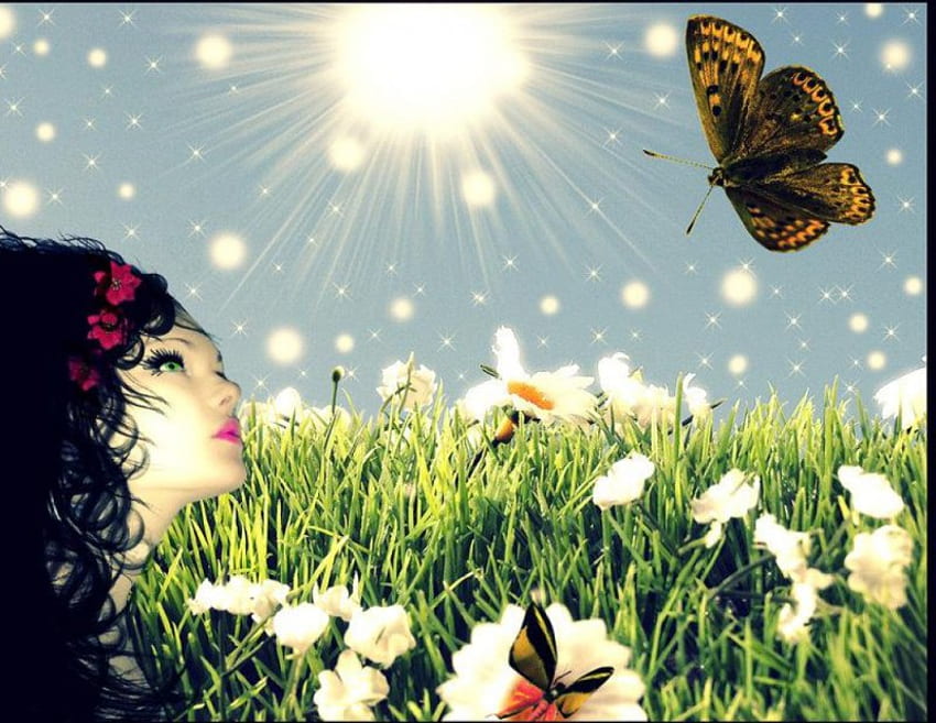 Пеперуда, абстрактно, небе, цветя, момиче HD тапет