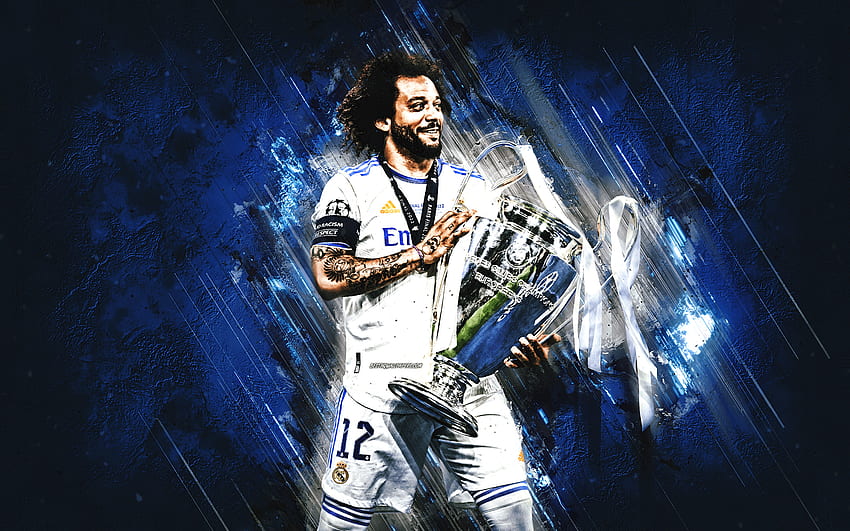 Marcelo, Real Madrid, latar belakang batu biru, Marcelo dengan piala Liga Champions, sepak bola, seni grunge, Marcelo Vieira Wallpaper HD
