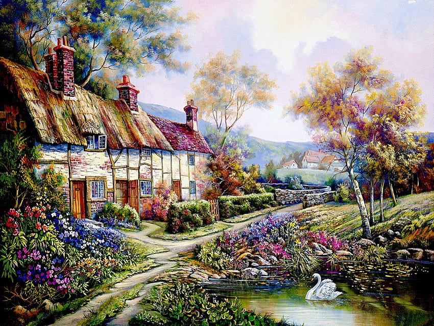 Colorful cottage, river, colorful, house, landscape, garden, beautiful, painting, bridge, view, nature, flowers, swan, cottage, splendor, lovely HD wallpaper
