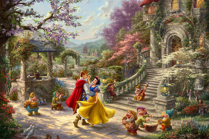 Disney Snow White Dancing in the Sunlight - Toile en édition limitée. Thomas Kinkade Studios, Château de Blanche-Neige Fond d'écran HD