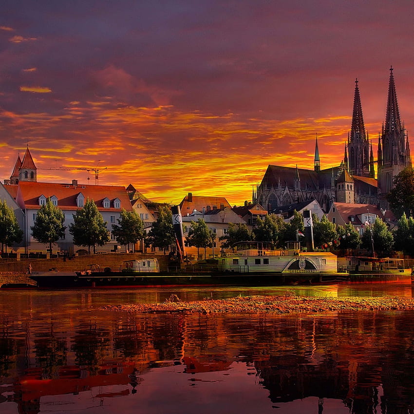 regensburg, germany, sunset, cityscape HD phone wallpaper