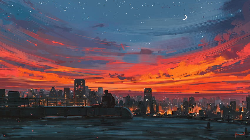 Градска нощ, покрив, любовници, художествена рисунка Пълен HD тапет