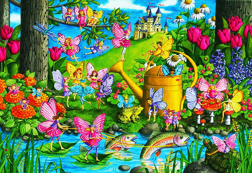 Fairy Playland, painting, pond, trees, flowers, fish, castle HD wallpaper