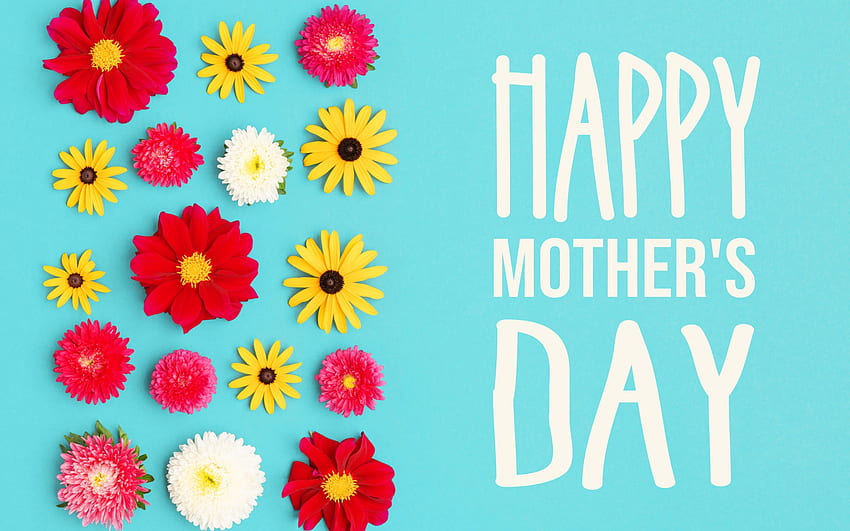 Buona festa della mamma, biglietto di auguri, blu, fiori diversi, congratulazioni per la buona festa della mamma Sfondo HD