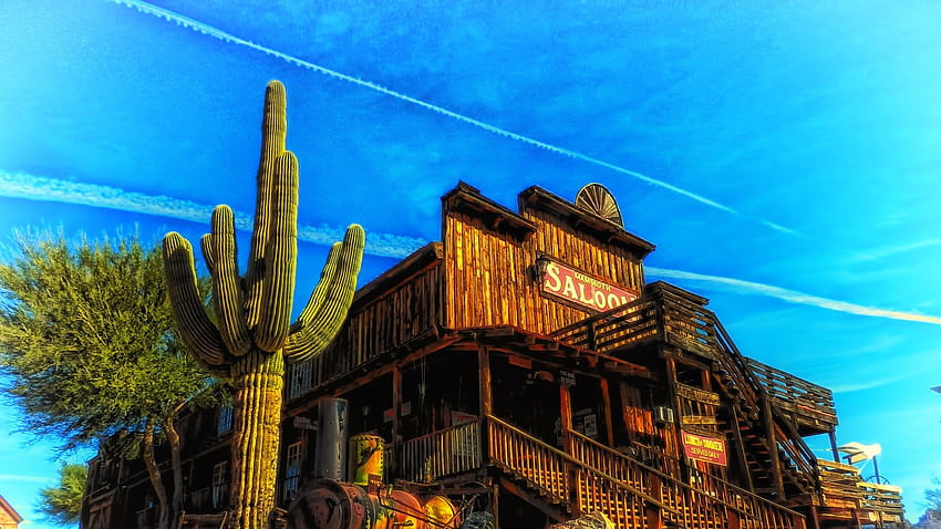 Къщи: Old Time Saloon Аризона Пустинна Кактус Пейзаж Небе HD тапет