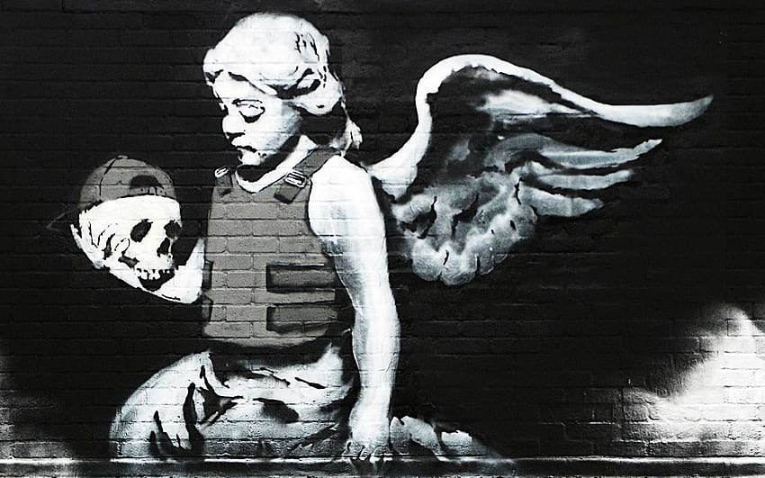 Banksy Cherub, cherub, art, graffiti, skull, banksy, angel HD wallpaper