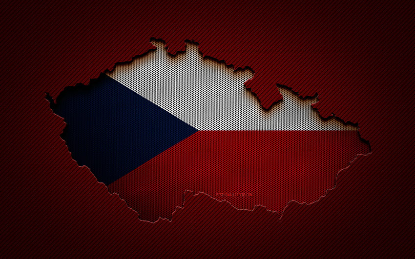Карта на Чешката република, , Европейски държави, Чешко знаме, червен въглероден фон, силует на картата на Чешката република, флаг на Чешката република, Европа, Чешка карта, Чешка република, флаг на Чешката република HD тапет