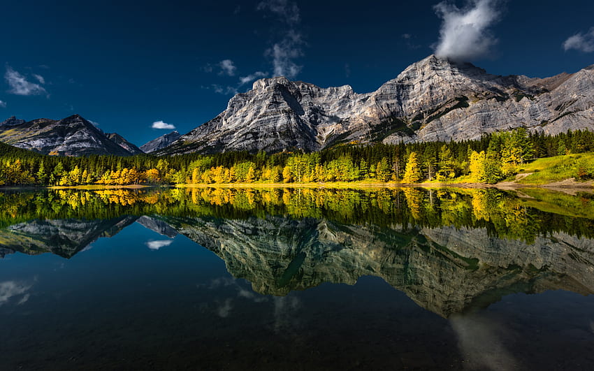 Estanque de cuña, lago de montaña, paisaje de montaña, rocas, montañas, Canadian Rockies, otoño, Alberta, Canadá fondo de pantalla