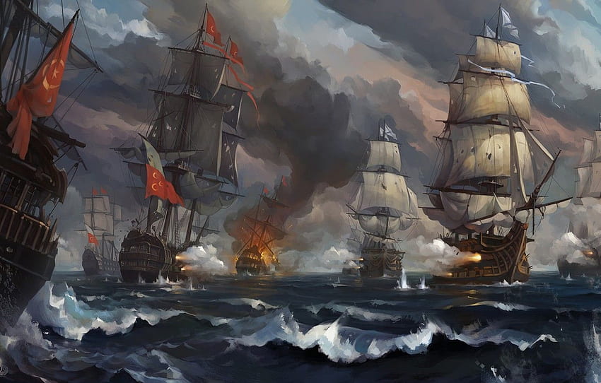 The ocean, Sea, Figure, Fire, Battle, Sailboats, Ottoman Empire HD wallpaper
