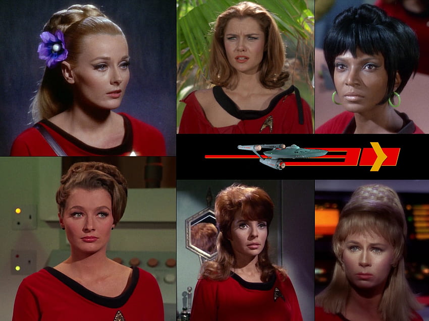 Tripulación de Star Trek en rojo, TOS, Uhura, Grace Lee Whitney, Rand, Star Trek, Nichelle Nichols fondo de pantalla