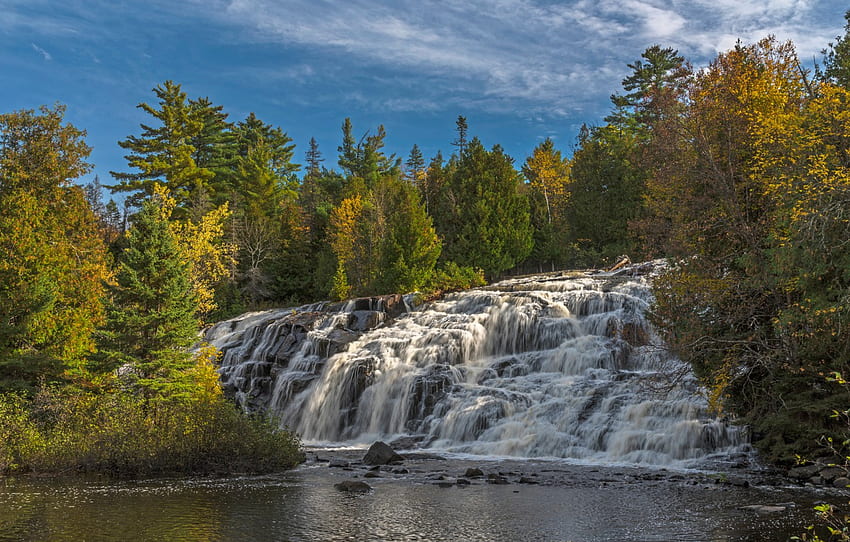 Autumn, forest, trees, river, waterfall, Michigan, cascade, Michigan 