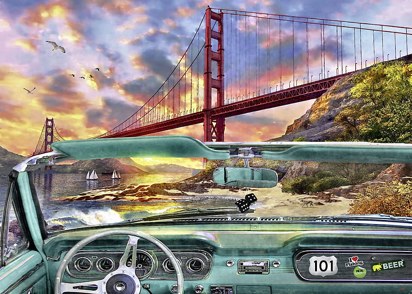 Golden Gate Bridge, San Francisco, architecture, art, Golden Gate, landscape, USA, beautiful, artwork, scenery, wide screen, painting, bridge, California HD wallpaper