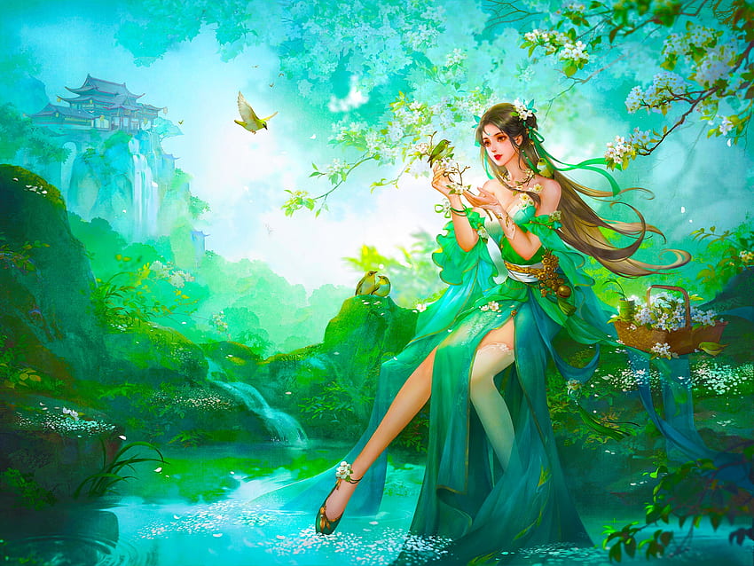 Green Beauty, digital, lamamake, art, fantasy, green, , nature, girl, beautiful HD wallpaper