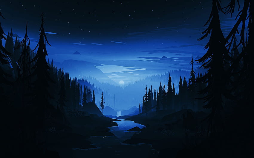 тъмна нощ, река, гора, минимум HD тапет