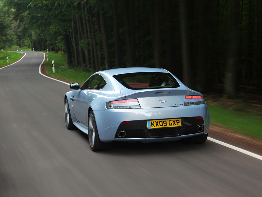 Auto, Aston Martin, Cars, Forest, Back View, Rear View, Speed, Blue Metallic, 2009, V12, Zagato HD wallpaper