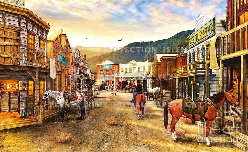 wild west town horses people houses saloon, Old West Town HD wallpaper